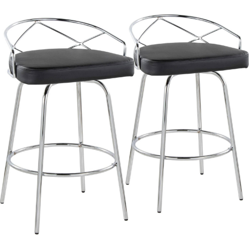 Charlotte 26" Swivel Counter Stool in Chrome & Black Leatherette w/ Round Footrest (Set of 2)